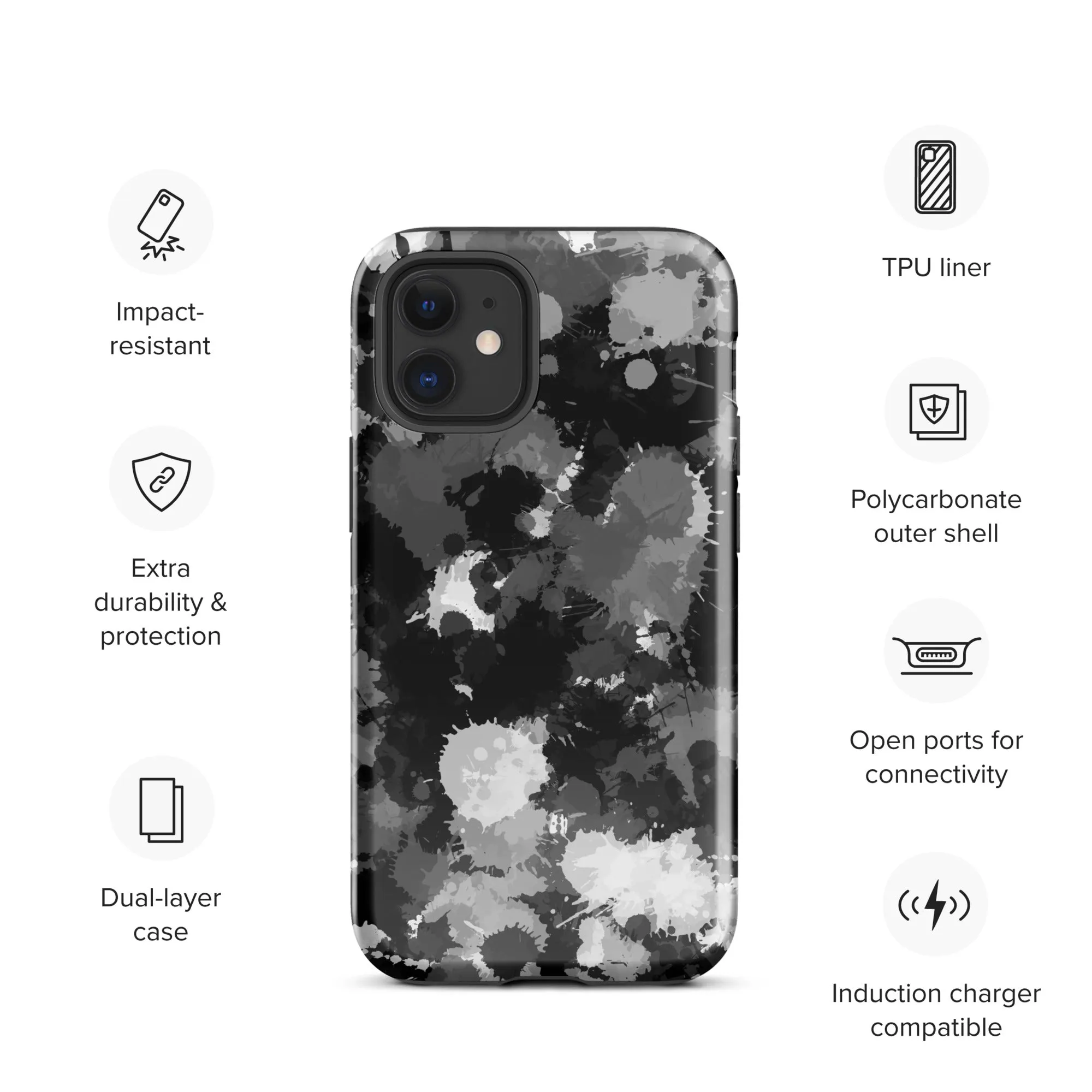 Black White and Grey Paint Splatter Tough Case for iPhone