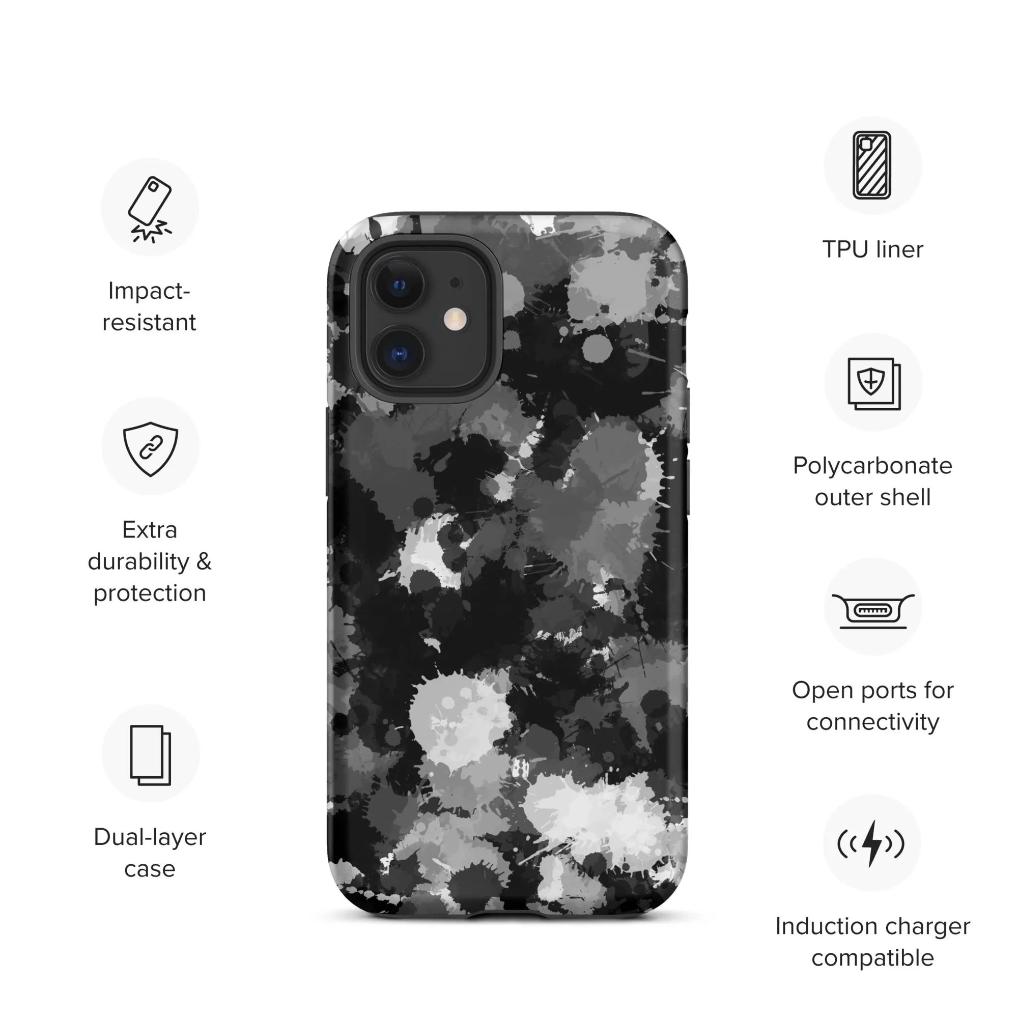 Black White and Grey Paint Splatter Tough Case for iPhone