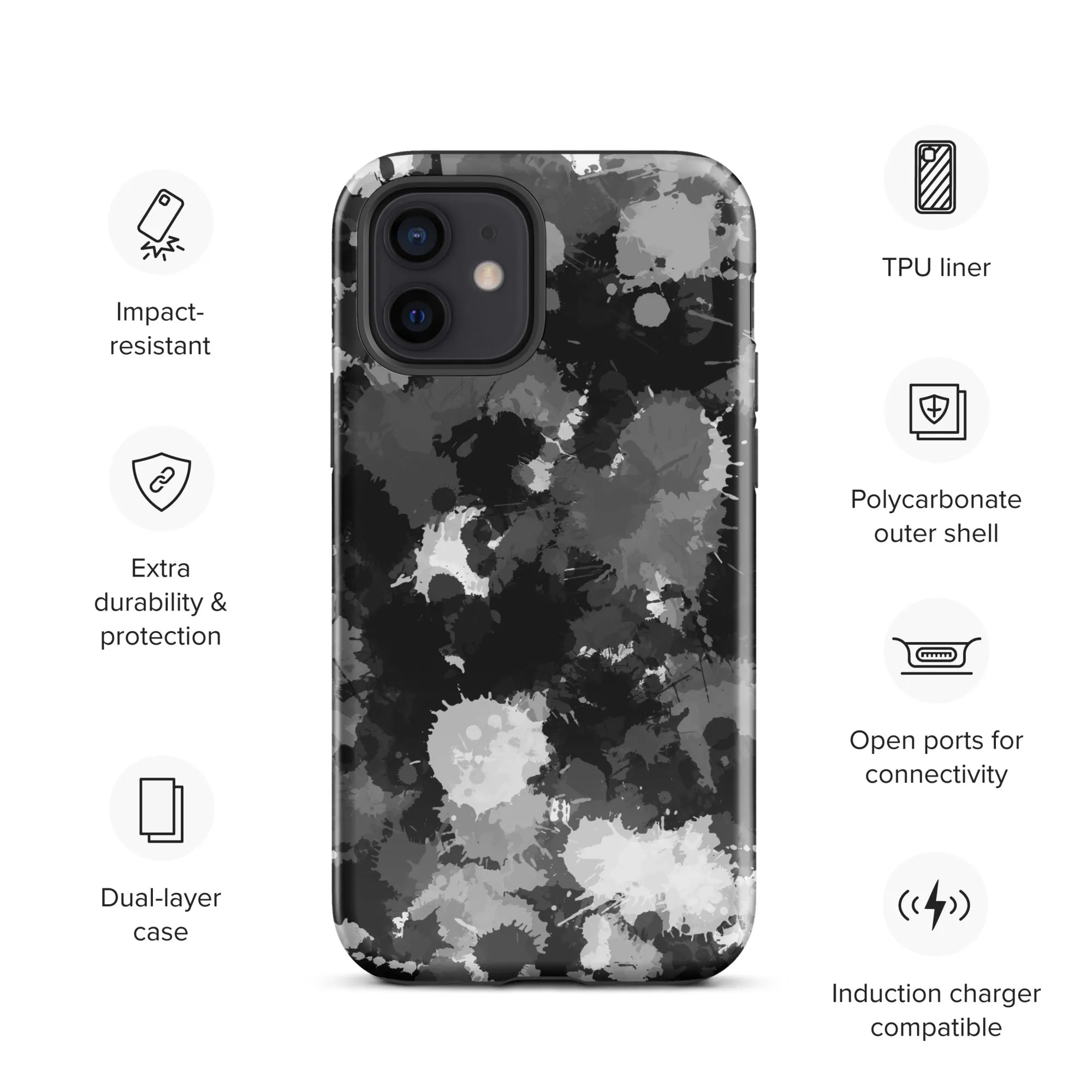 Black White and Grey Paint Splatter Tough Case for iPhone