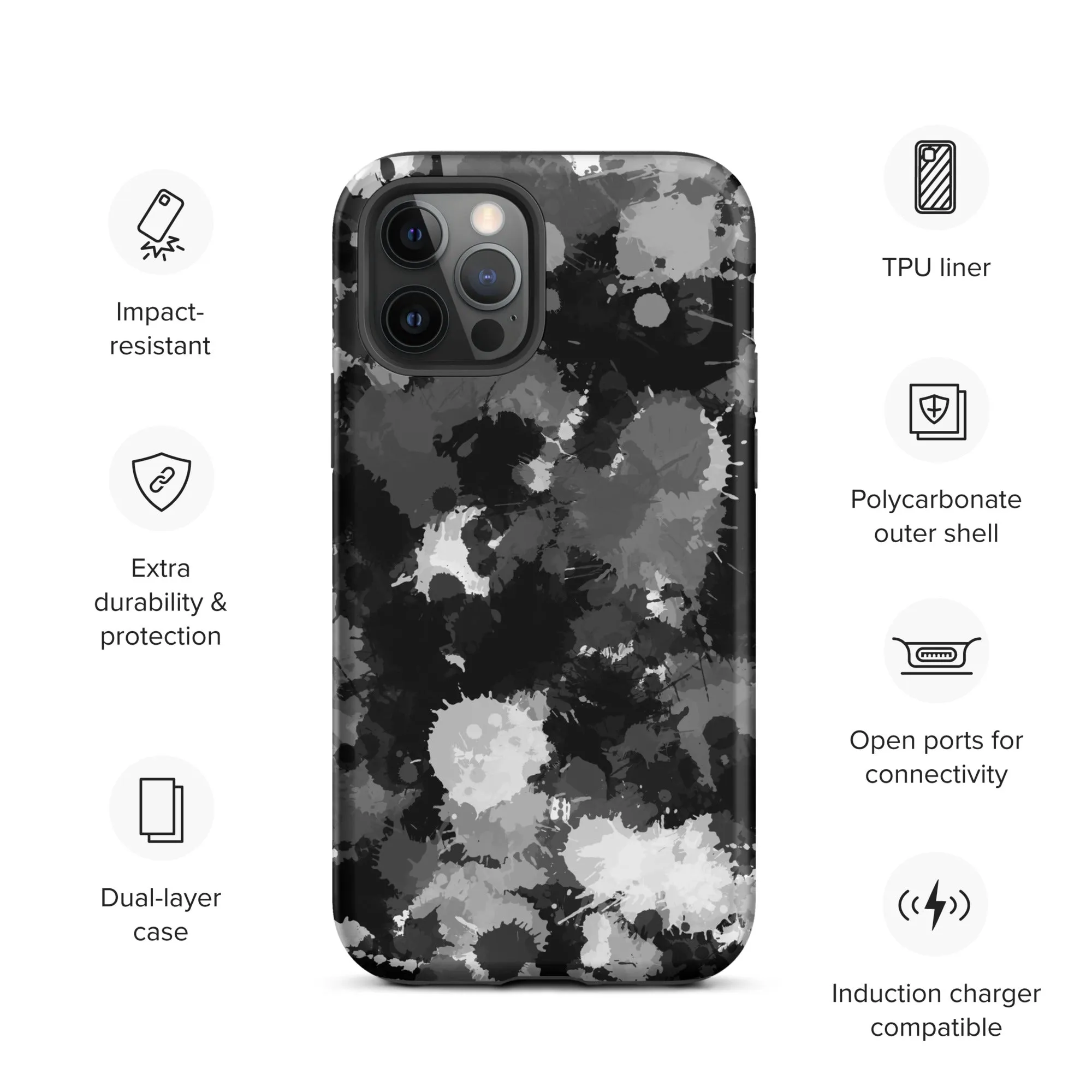 Black White and Grey Paint Splatter Tough Case for iPhone