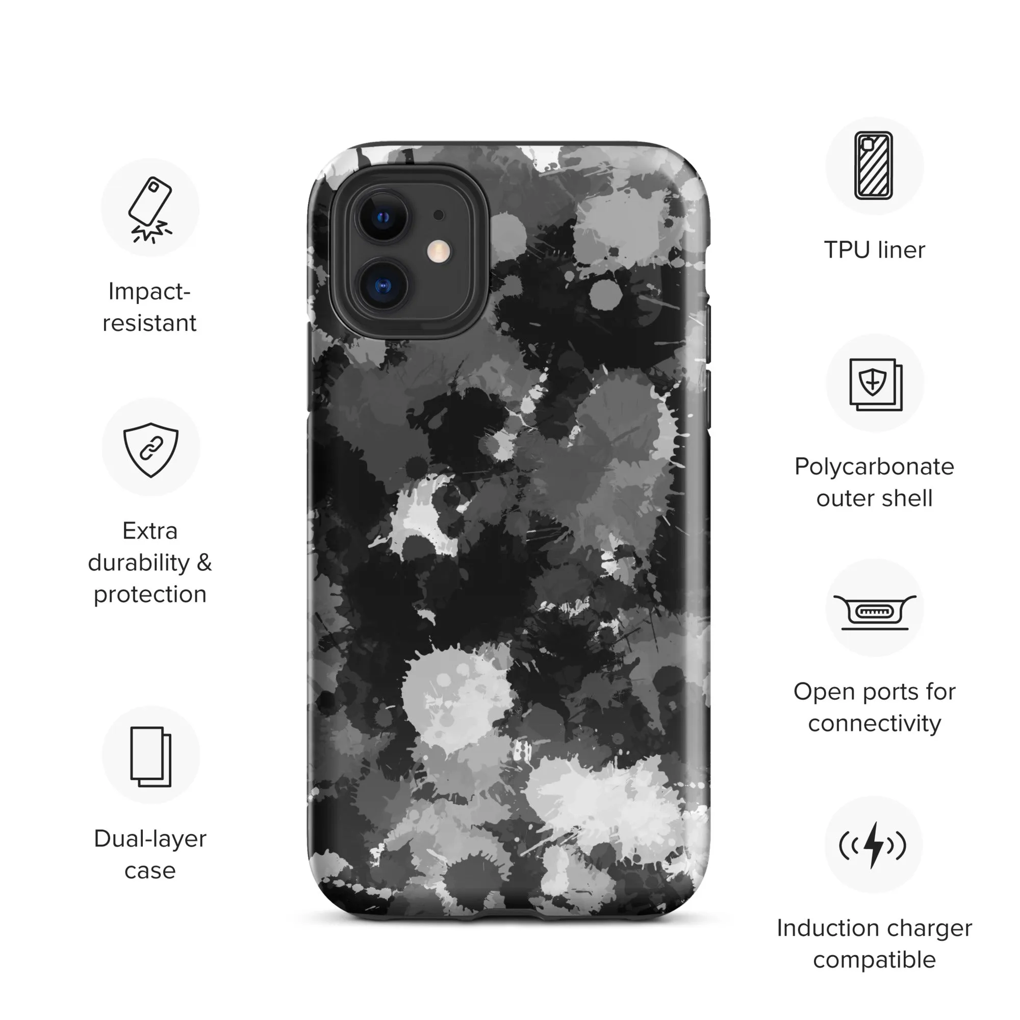 Black White and Grey Paint Splatter Tough Case for iPhone