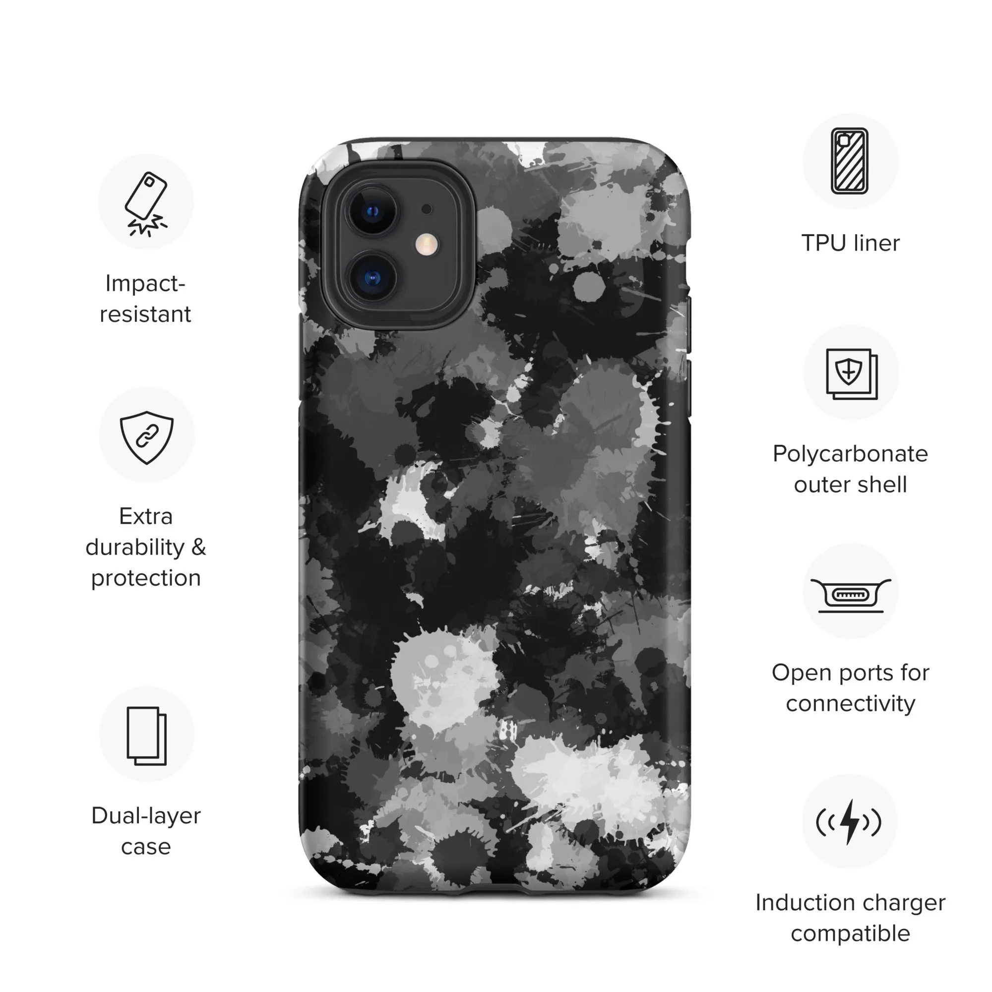 Black White and Grey Paint Splatter Tough Case for iPhone