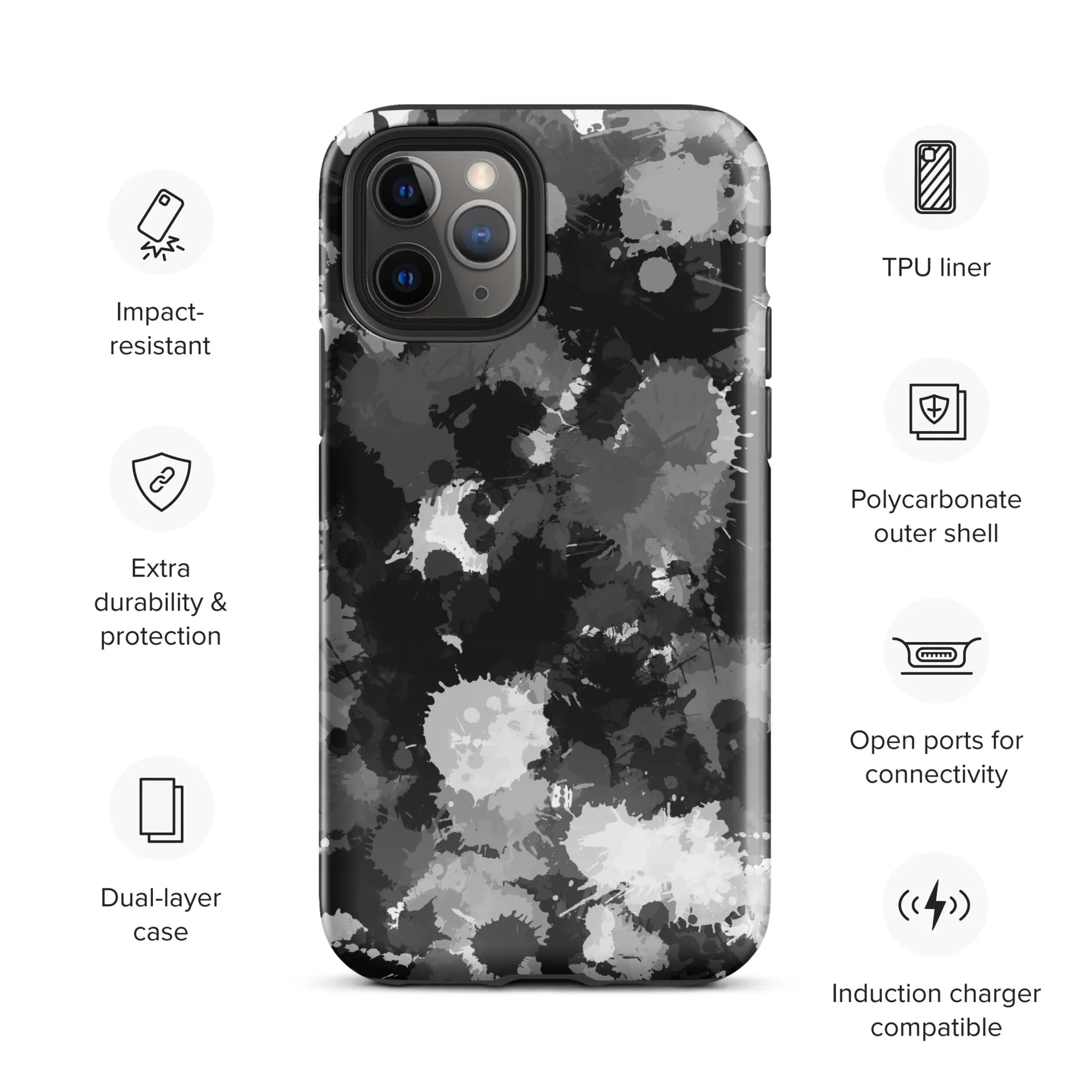 Black White and Grey Paint Splatter Tough Case for iPhone