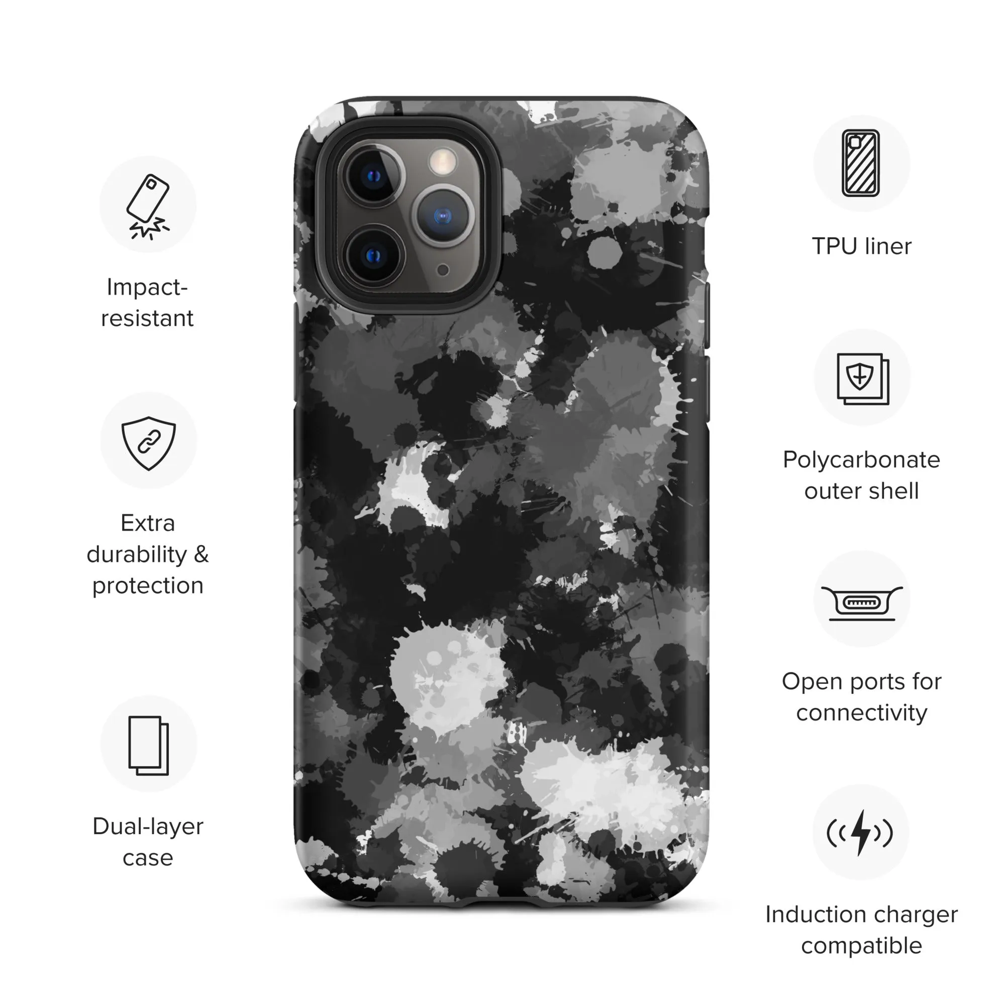 Black White and Grey Paint Splatter Tough Case for iPhone