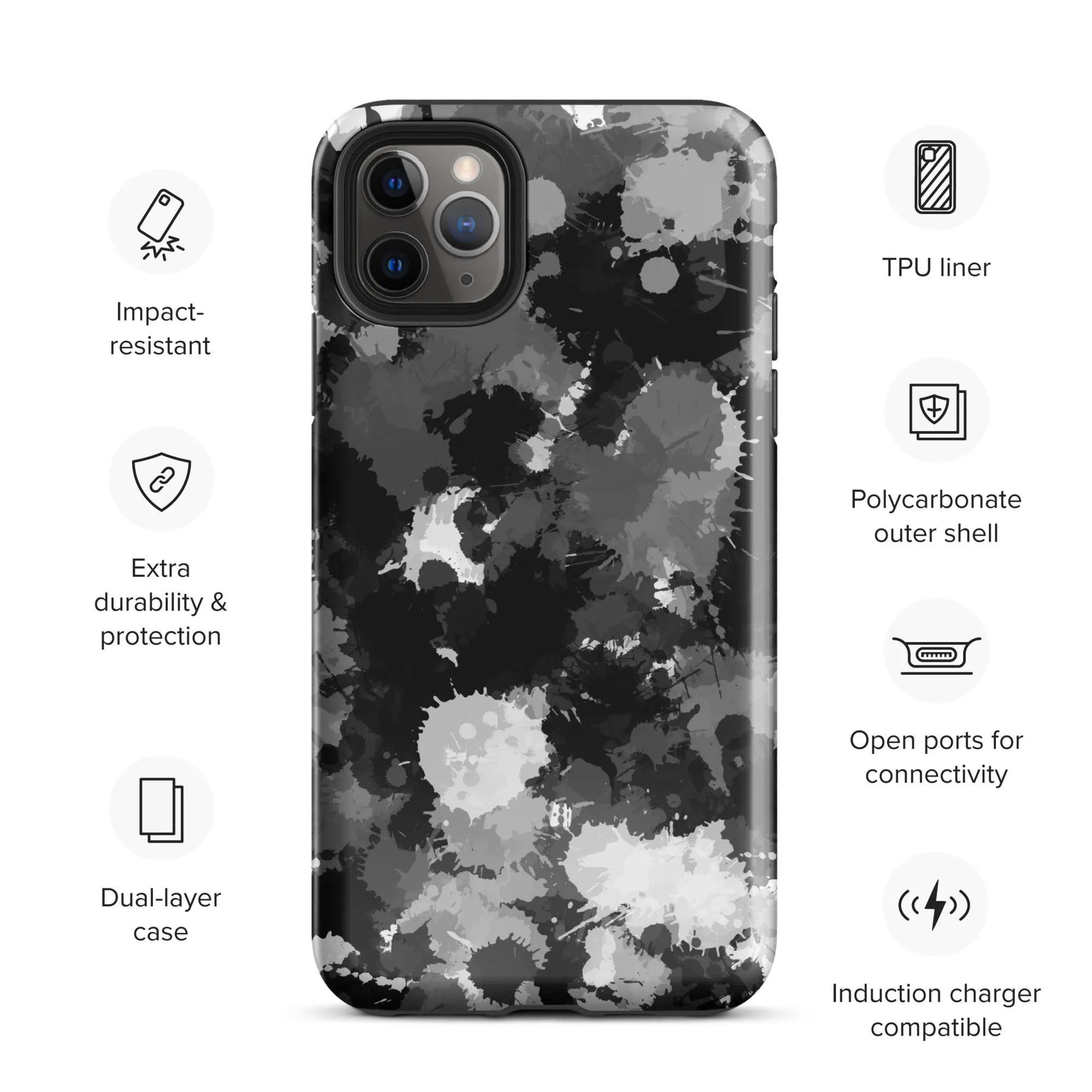 Black White and Grey Paint Splatter Tough Case for iPhone