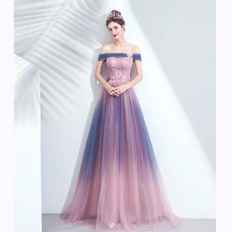 Blue and Pink Tulle Shiny Gradient Off Shoulder Party Dress, A-line Long Formal Evening Dress