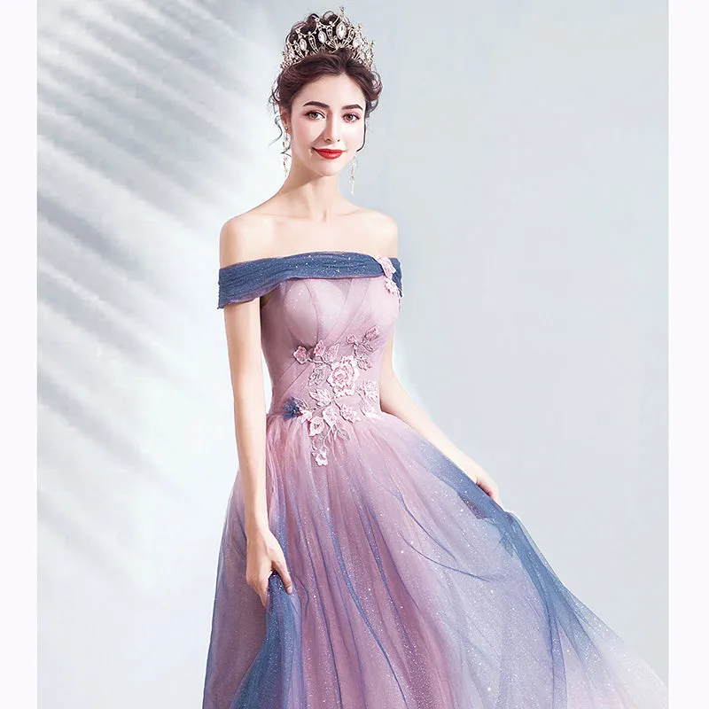 Blue and Pink Tulle Shiny Gradient Off Shoulder Party Dress, A-line Long Formal Evening Dress