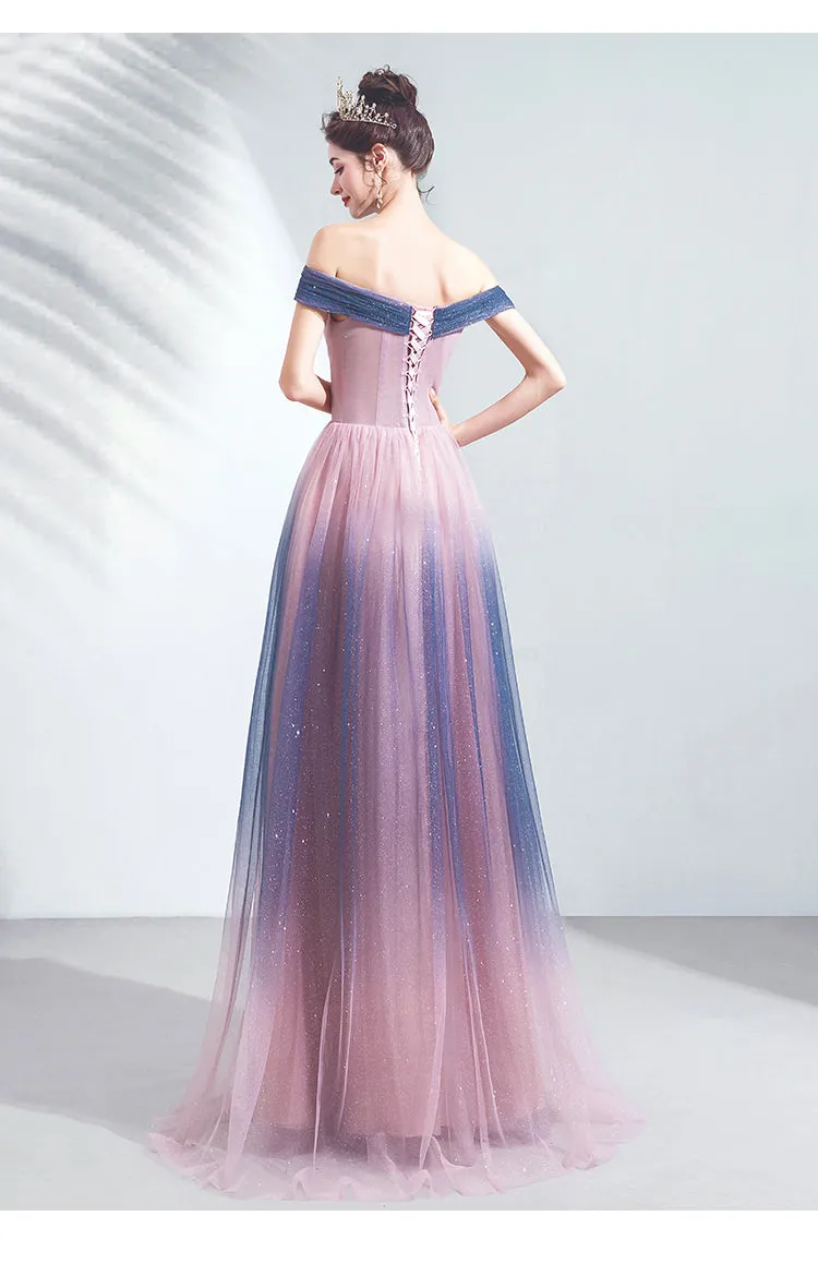 Blue and Pink Tulle Shiny Gradient Off Shoulder Party Dress, A-line Long Formal Evening Dress