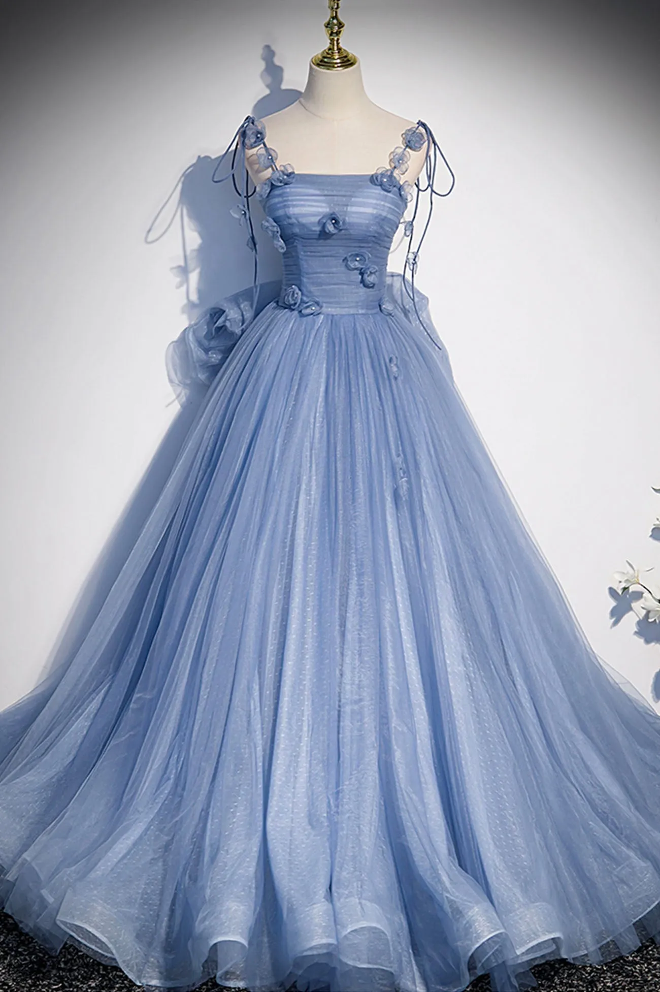 Blue Spaghetti Strap Tulle Long Dress, Blue Evening Dress with Bow