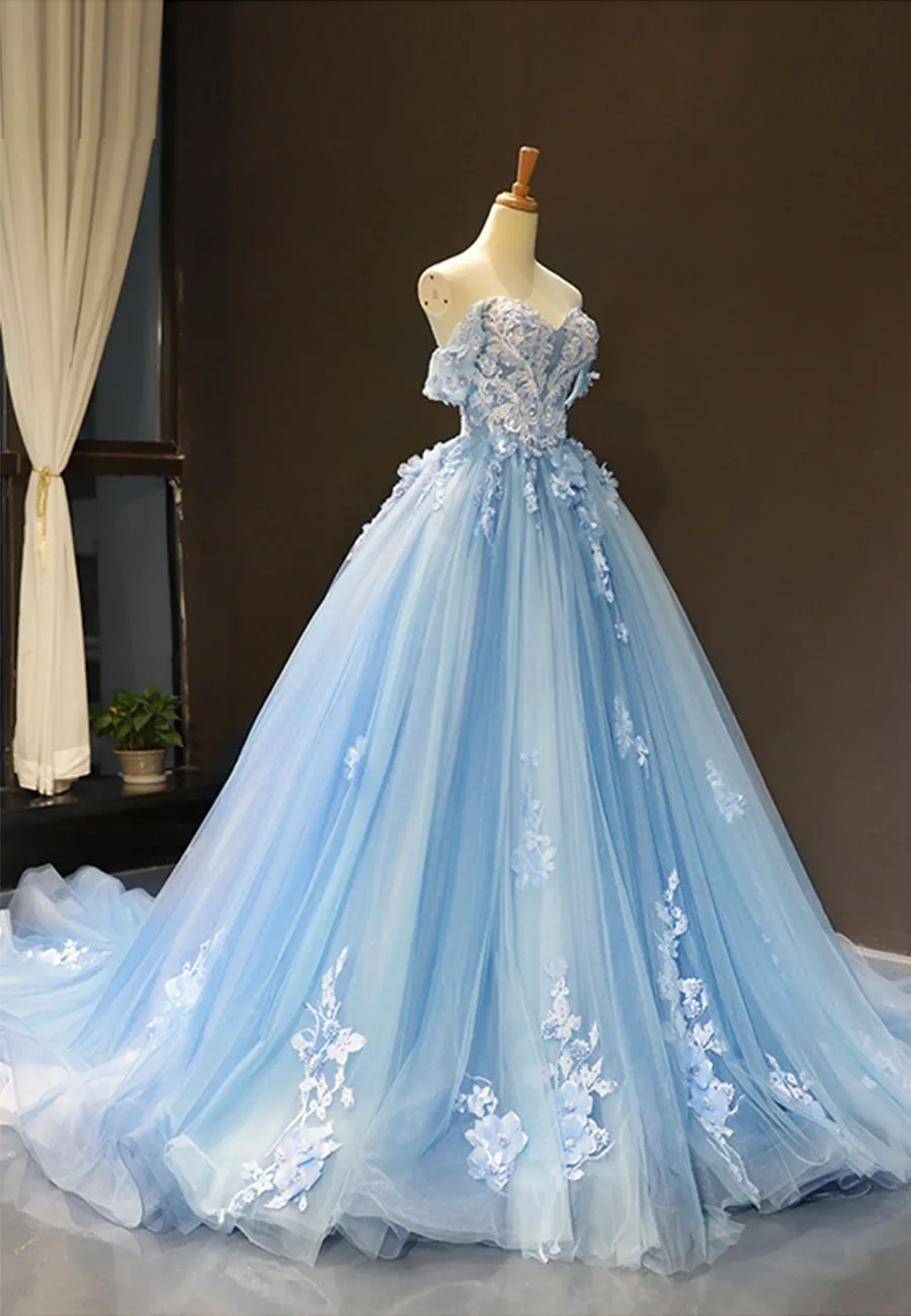 Blue Tulle Long A-Line Prom Dress, Off the Shoulder Evening Dress