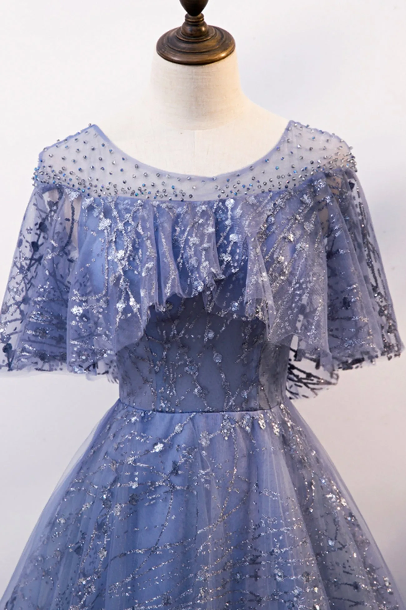 Blue Tulle Sequins Long Prom Dress, A-Line Blue Evening Dress