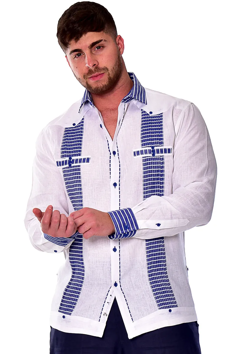 Bohio Men's 100% Linen Guayabera Inspired Long Sleeve Fancy Shirt w/Striped Pin-Tucked Panels in (3) Colors MLFG2029