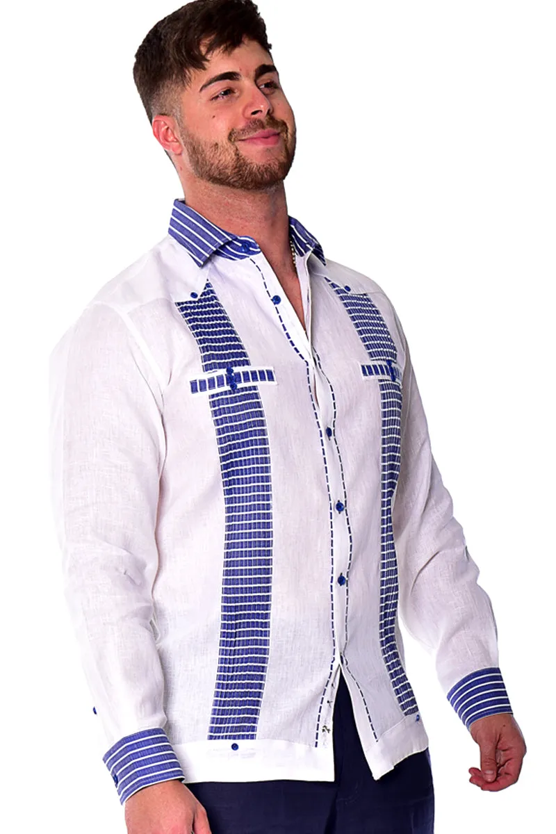 Bohio Men's 100% Linen Guayabera Inspired Long Sleeve Fancy Shirt w/Striped Pin-Tucked Panels in (3) Colors MLFG2029