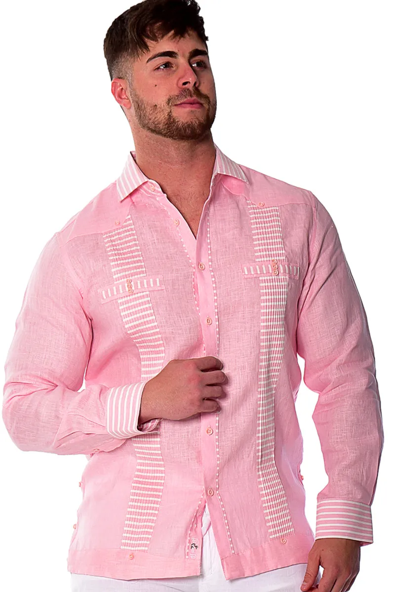 Bohio Men's 100% Linen Guayabera Inspired Long Sleeve Fancy Shirt w/Striped Pin-Tucked Panels in (3) Colors MLFG2029