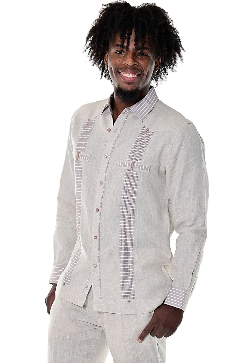 Bohio Men's 100% Linen Guayabera Inspired Long Sleeve Fancy Shirt w/Striped Pin-Tucked Panels in (3) Colors MLFG2029