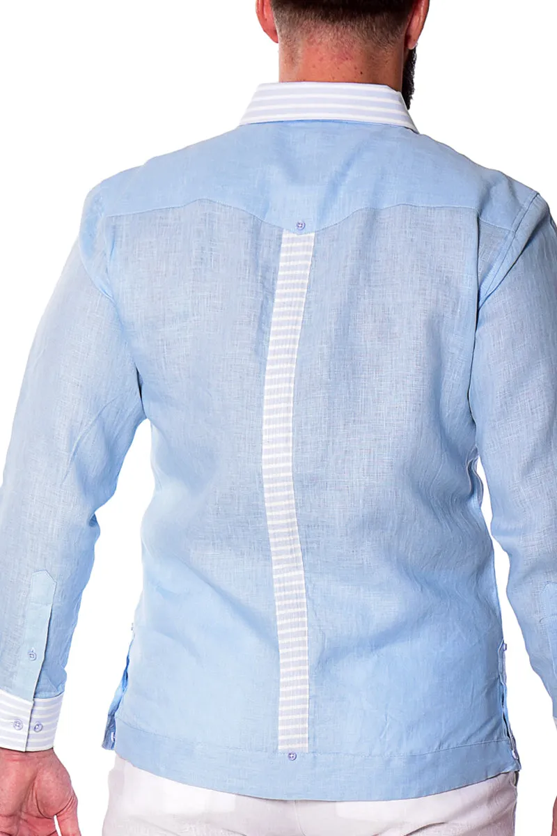 Bohio Men's 100% Linen Guayabera Inspired Long Sleeve Fancy Shirt w/Striped Pin-Tucked Panels in (3) Colors MLFG2029