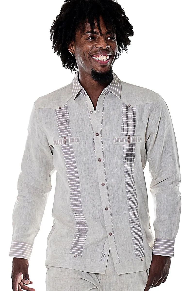 Bohio Men's 100% Linen Guayabera Inspired Long Sleeve Fancy Shirt w/Striped Pin-Tucked Panels in (3) Colors MLFG2029