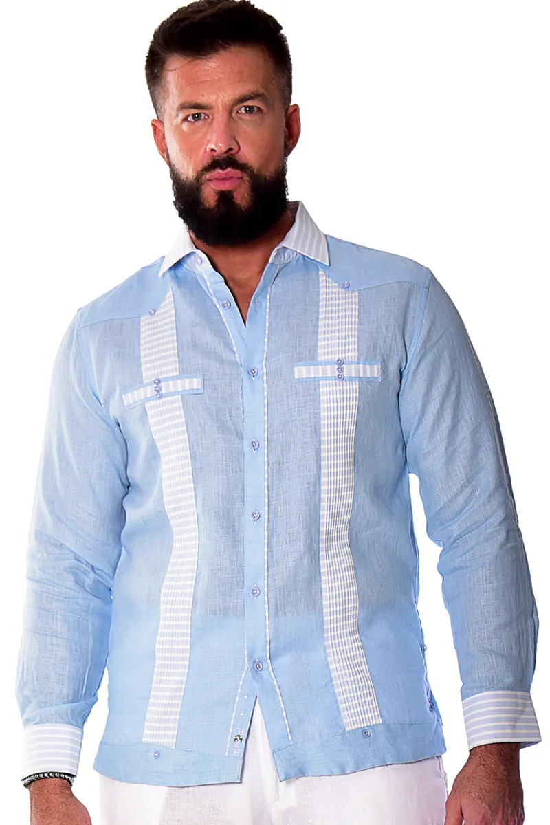 Bohio Men's 100% Linen Guayabera Inspired Long Sleeve Fancy Shirt w/Striped Pin-Tucked Panels in (3) Colors MLFG2029