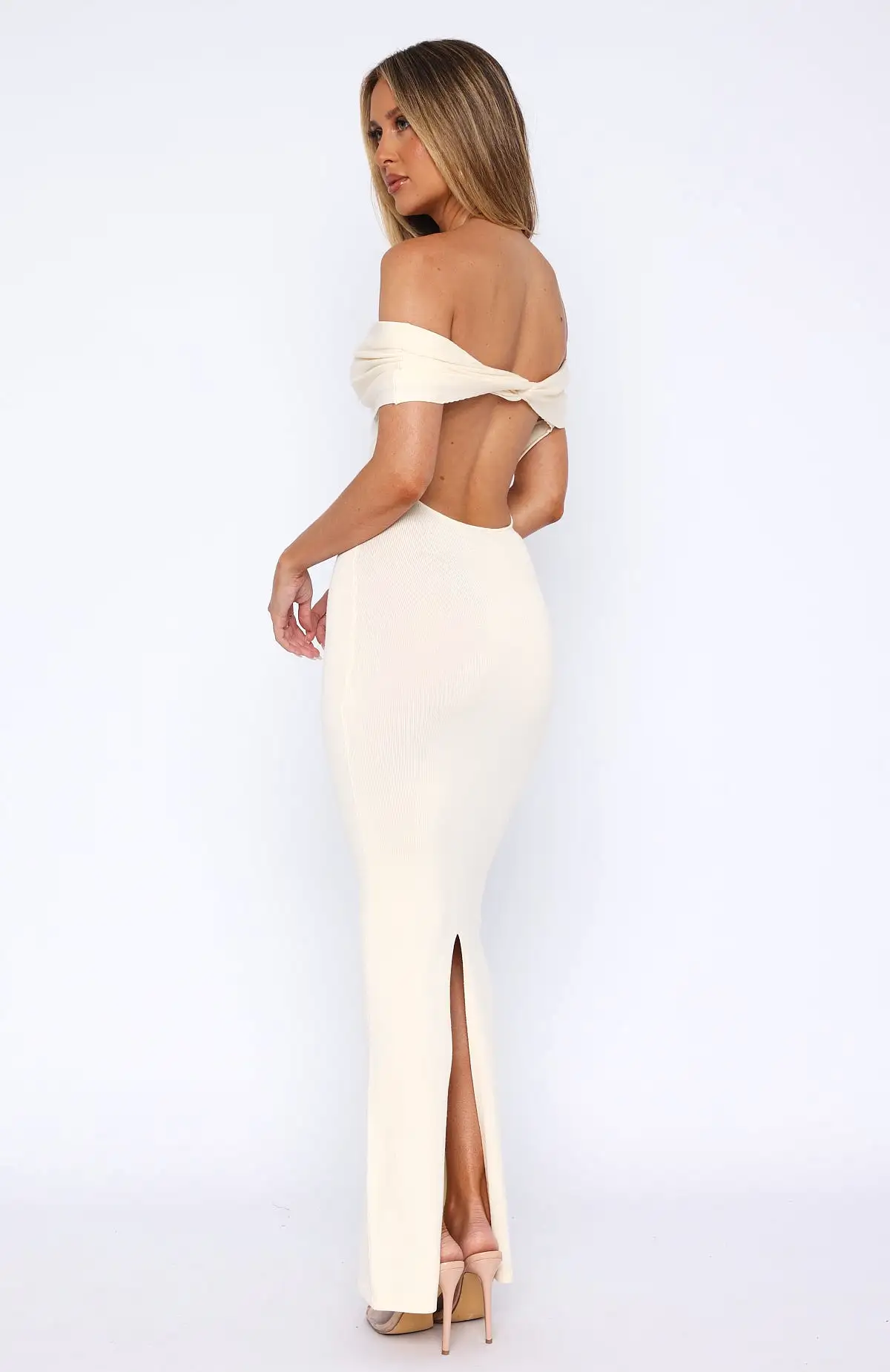 Book The Tickets Off Shoulder Maxi Dress Off White