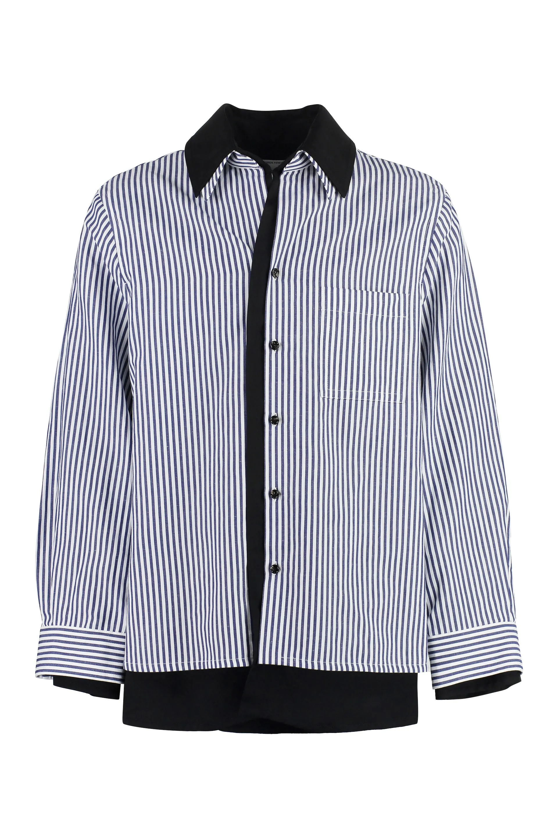 BOTTEGA VENETA Men's Blue and White Striped Oversized Double-Layer Shirt in Cotton and Linen