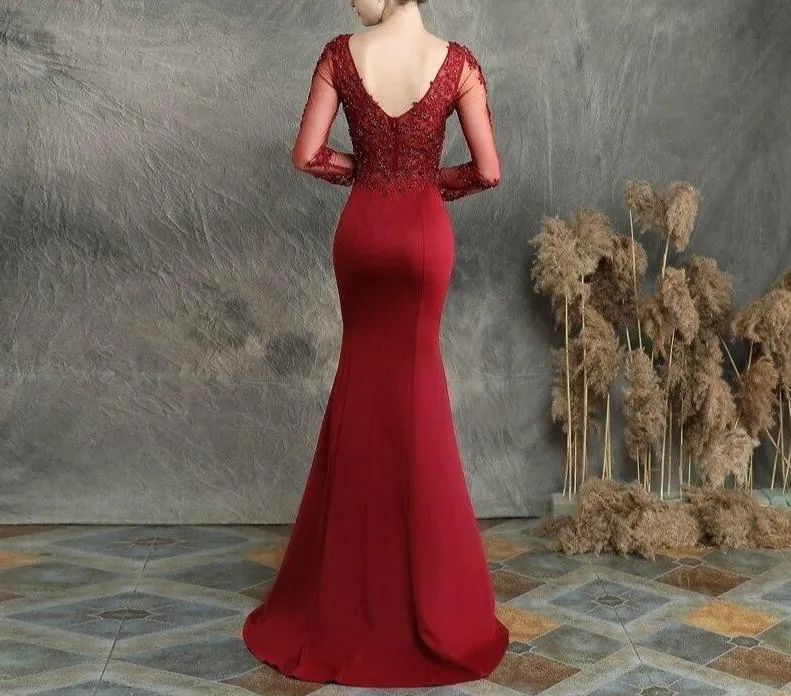 Burgundry V-neck Appliques Beaded Long Sleeve Dress See through Elegant Evening Party Dress