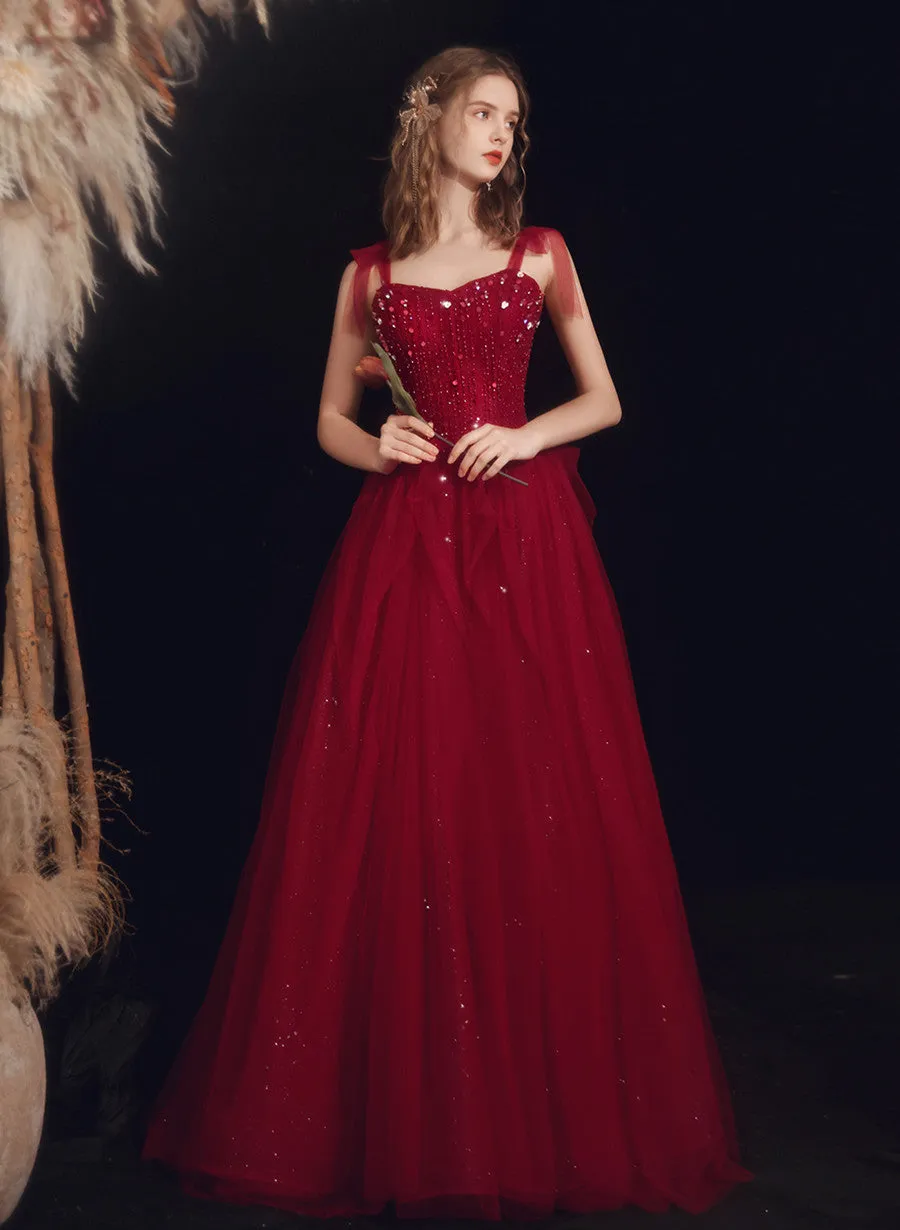 Burgundy Beaded Chic Long A-line Prom Dress, Burgundy Straps Evening Dress