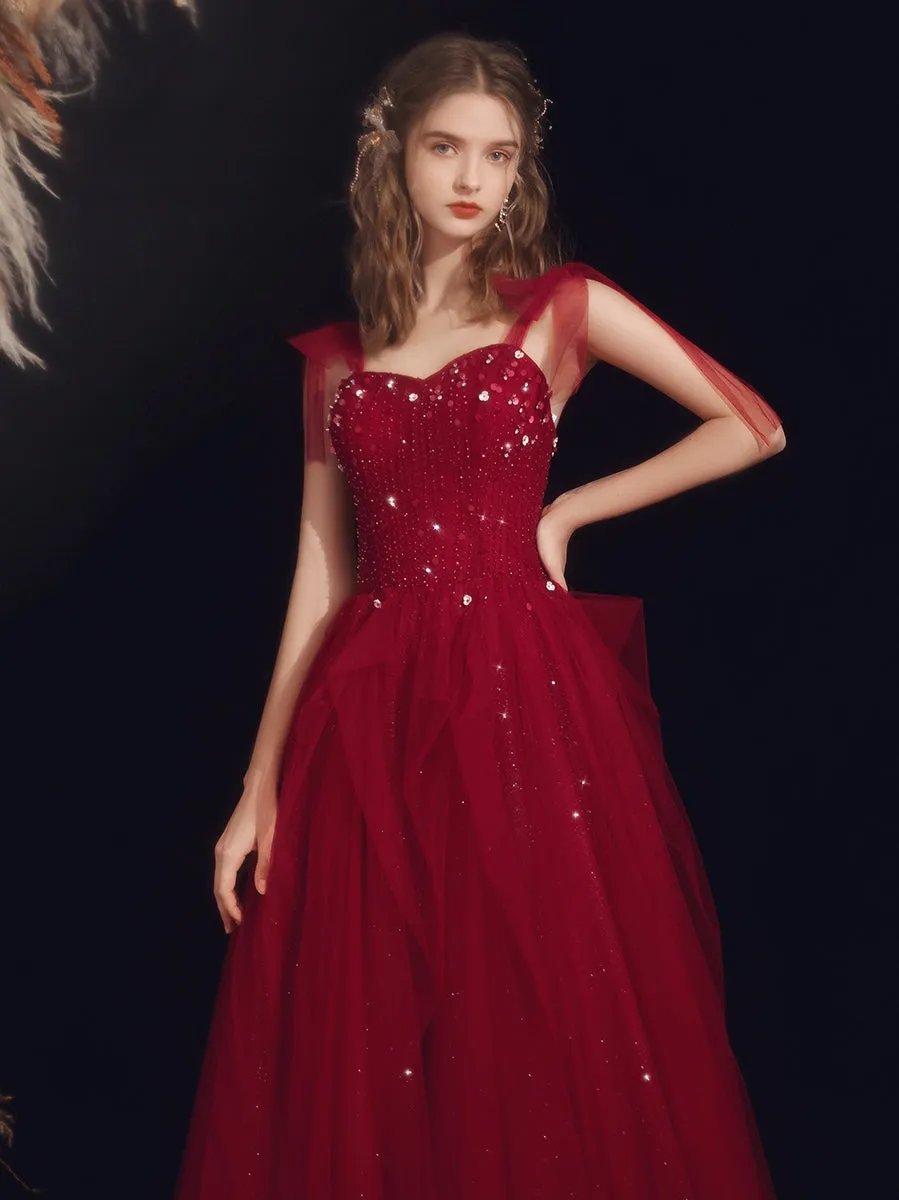 Burgundy Beaded Chic Long A-line Prom Dress, Burgundy Straps Evening Dress