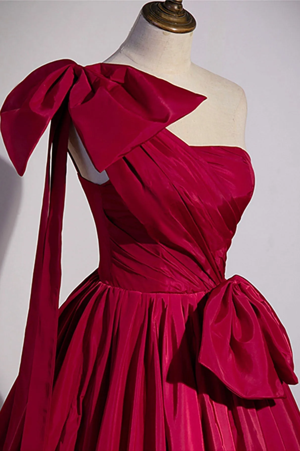 Burgundy Satin Long Prom Dress, One Shoulder Evening Dress with Bow