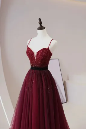 Burgundy Tulle Beaded Long Prom Dress, A-Line Spaghetti Strap Evening Dress