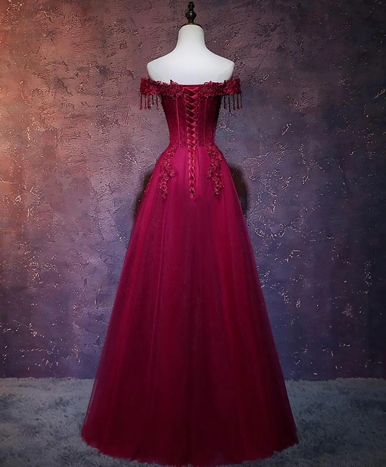 Burgundy Tulle Lace Off Shoulder Long Prom Dress, Burgundy Lace Evening Dress