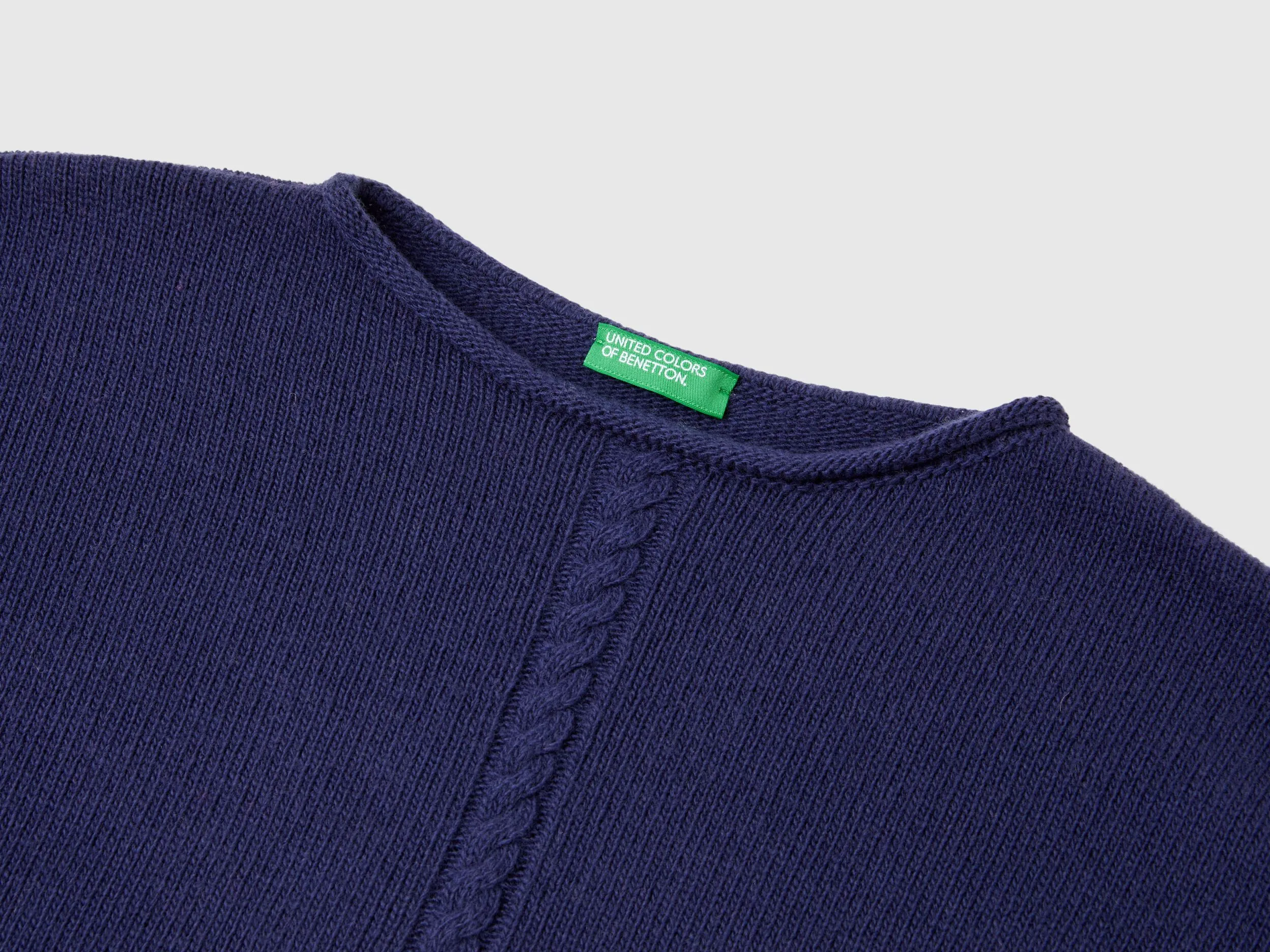 Cable knit sweater in wool blend - Dark Blue | Benetton