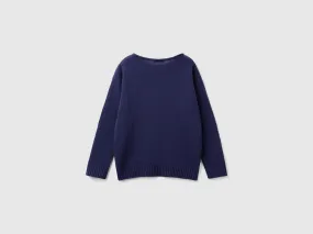 Cable knit sweater in wool blend - Dark Blue | Benetton