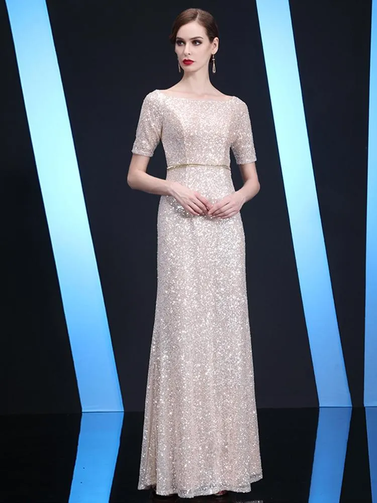 Champagne Luxury Sequined Evening Dress Half-sleeve Long Formal Dress O-neck A-line Celebrity Dress Floor-lenght Robe De Soriee