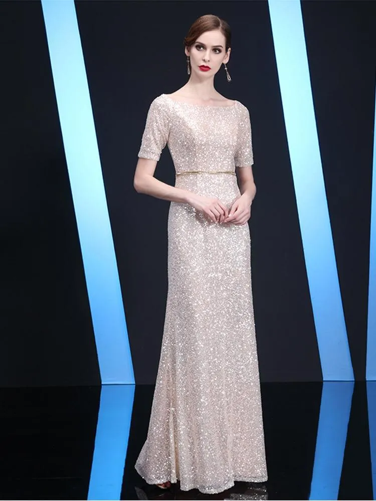 Champagne Luxury Sequined Evening Dress Half-sleeve Long Formal Dress O-neck A-line Celebrity Dress Floor-lenght Robe De Soriee