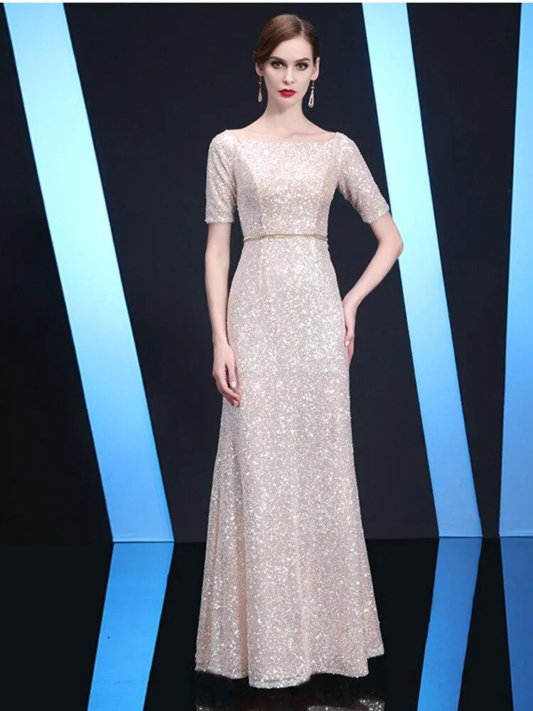 Champagne Luxury Sequined Evening Dress Half-sleeve Long Formal Dress O-neck A-line Celebrity Dress Floor-lenght Robe De Soriee