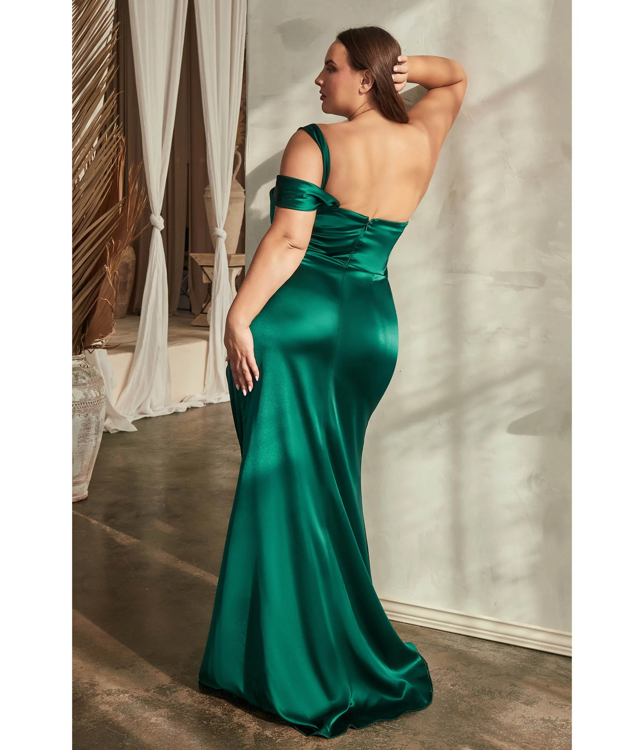 Cinderella Divine  Plus Size Emerald Ruched Satin One Shoulder Evening Gown