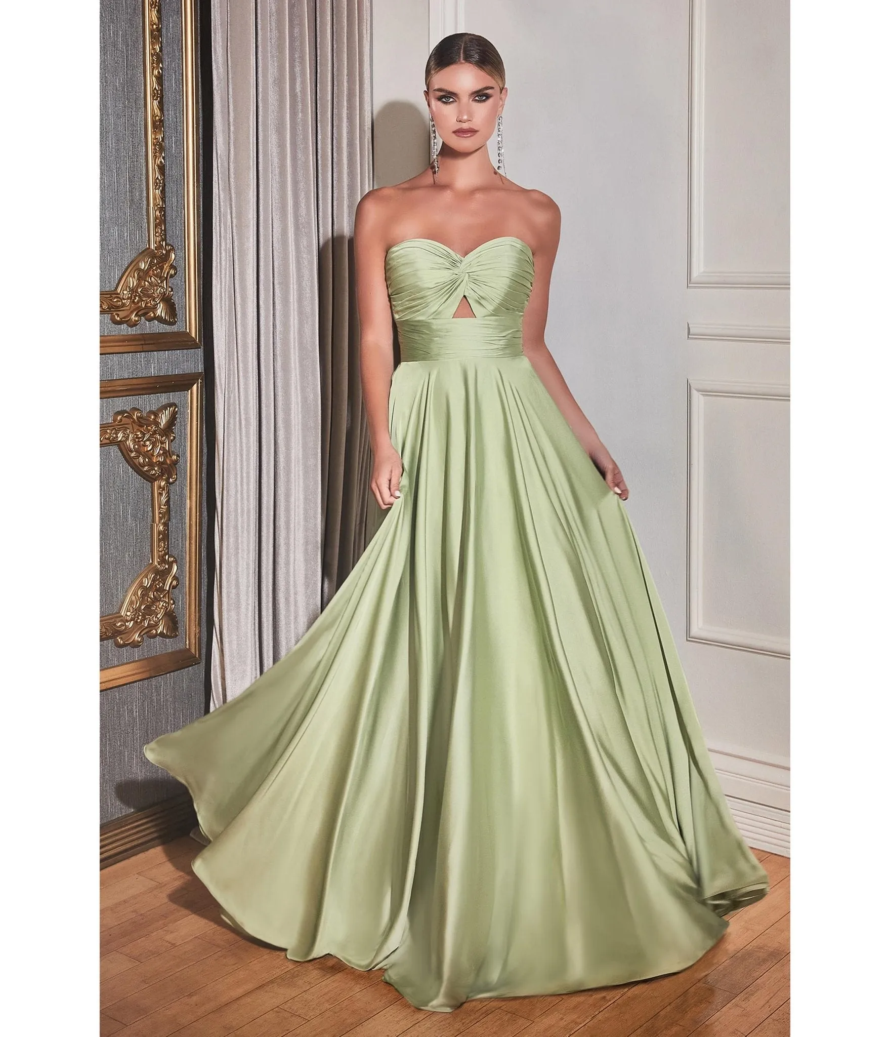 Cinderella Divine Sage Satin Strapless Keyhole Evening Gown