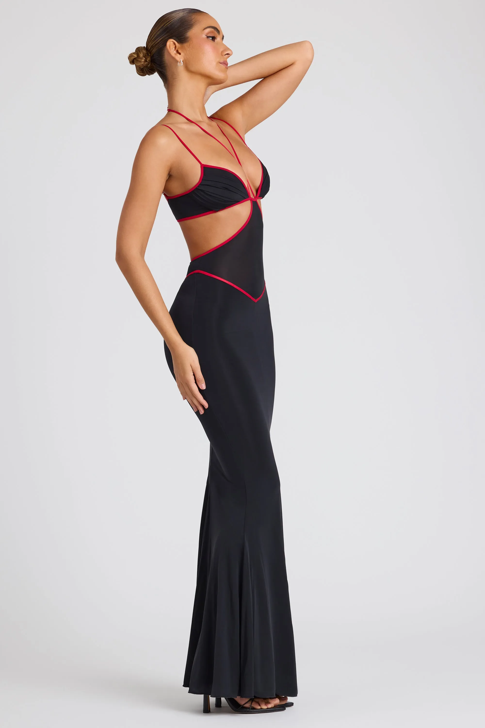 Contrast Binding Cut Out Evening Gown in Black