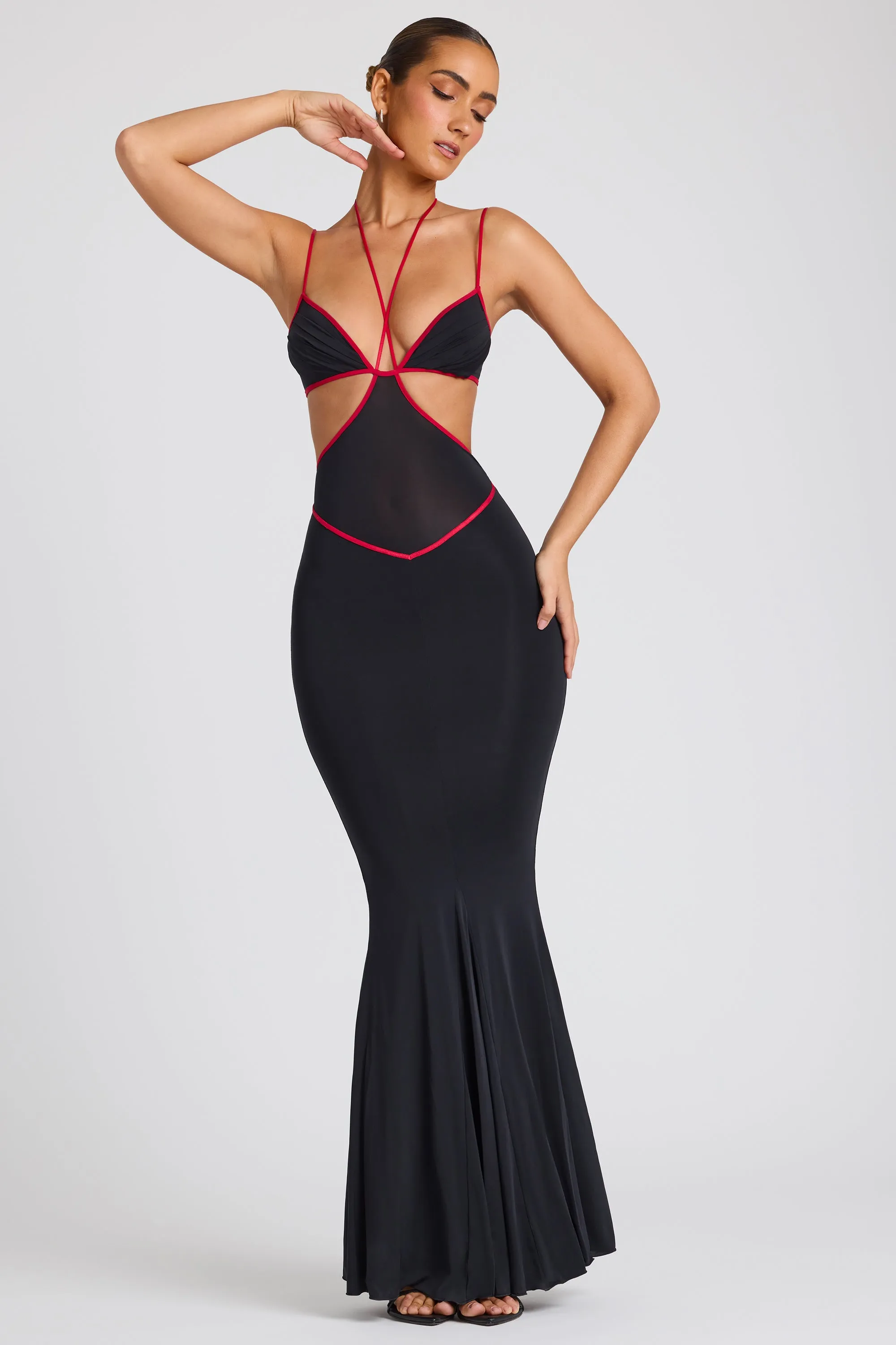 Contrast Binding Cut Out Evening Gown in Black