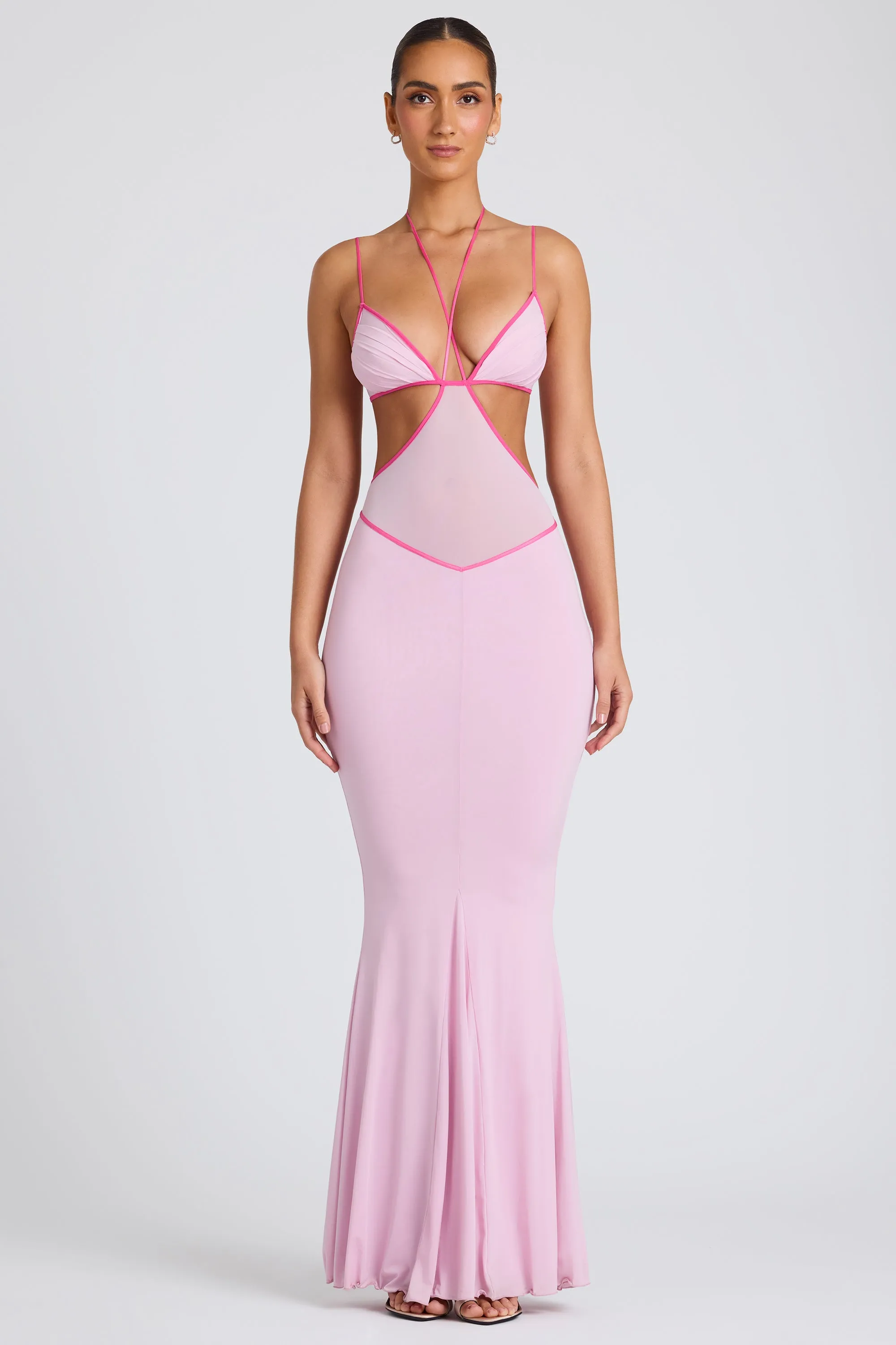 Contrast Binding Cut Out Evening Gown in Soft Pink