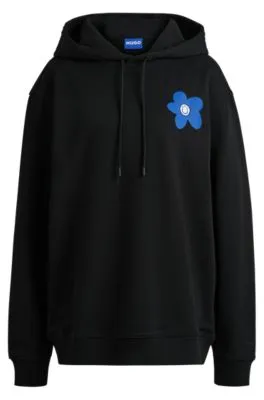 Cotton-terry all-gender hoodie with flower-print logos