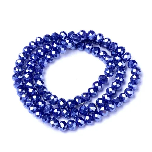 Crystal Glass Beads, Electroplated, Rondelle, Faceted, Pearl Luster, Midnight Blue, 4mm