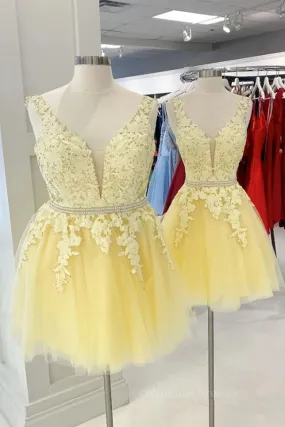 Cute V Neck Yellow Lace Short Prom Dress with Belt, Yellow Lace Homecoming Dress, Short Yellow Formal Evening Dress