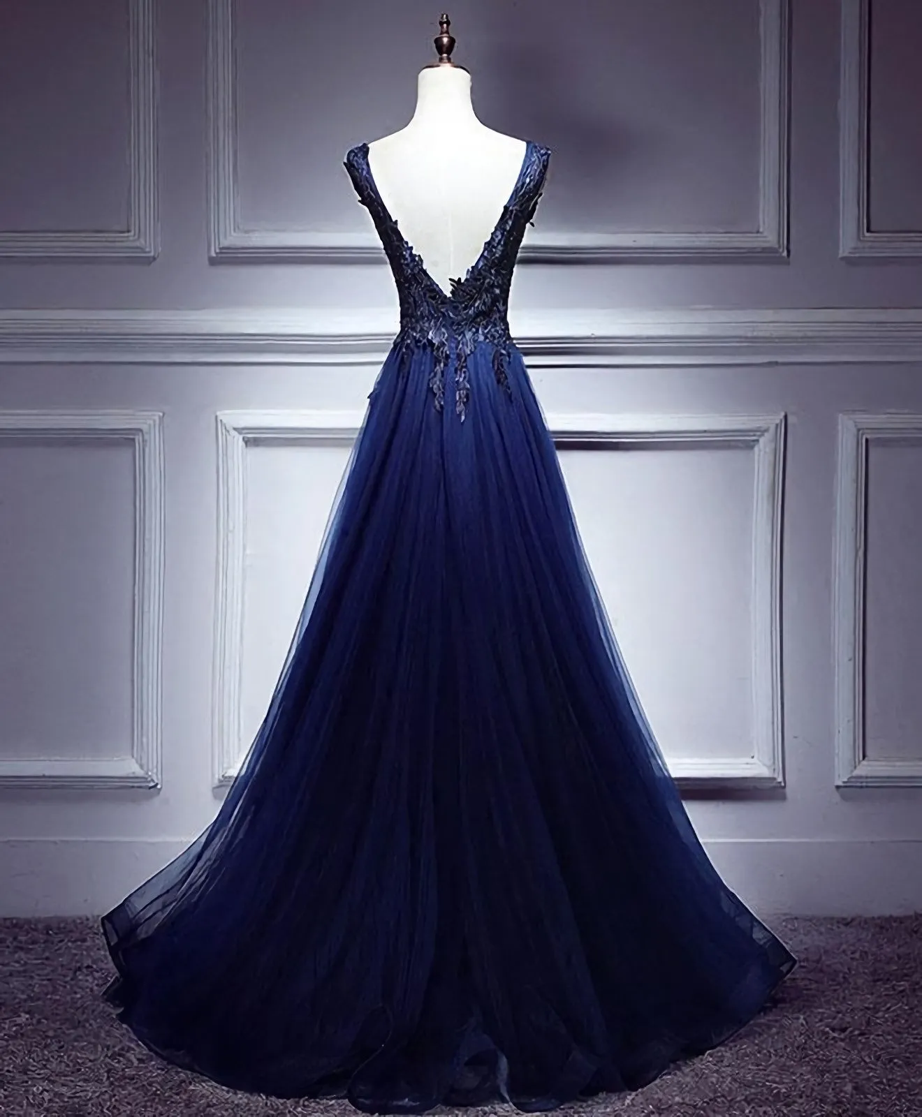 Dark Blue Lace V Neck Long Prom Dress, Lace Evening Dress