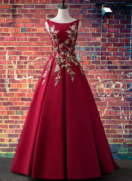 Dark Red Round Neckline Satin Prom Dress with Lace Applique, Long Evening Dress