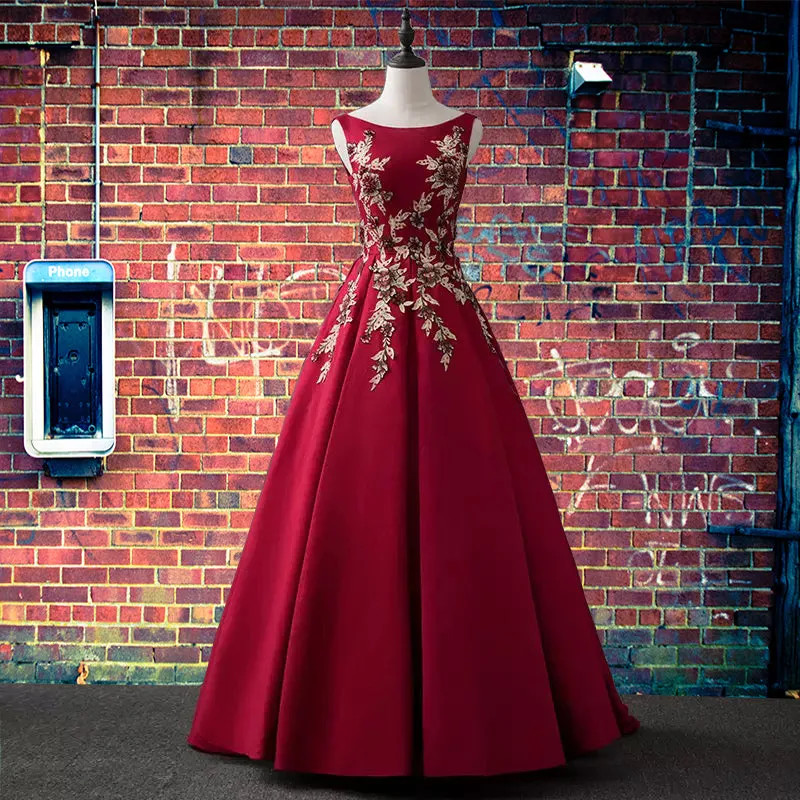 Dark Red Round Neckline Satin Prom Dress with Lace Applique, Long Evening Dress