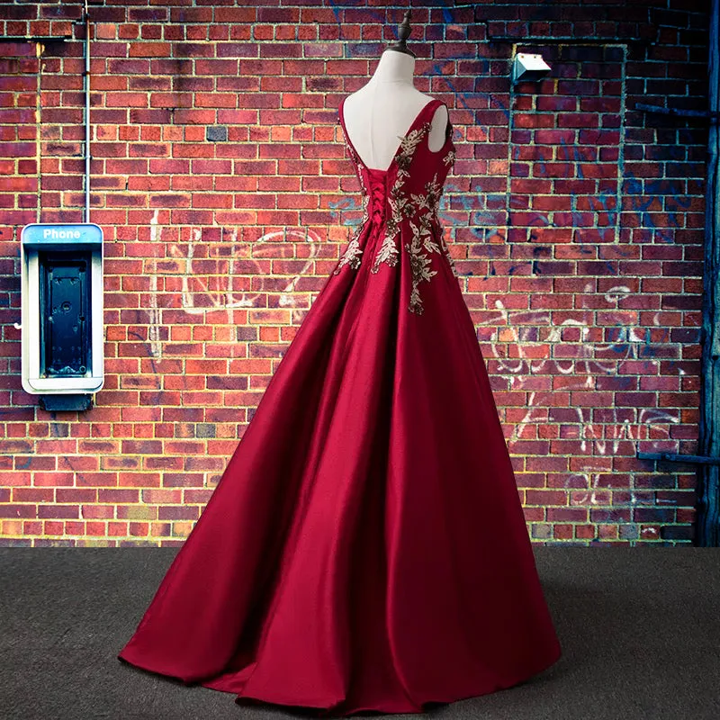 Dark Red Round Neckline Satin Prom Dress with Lace Applique, Long Evening Dress