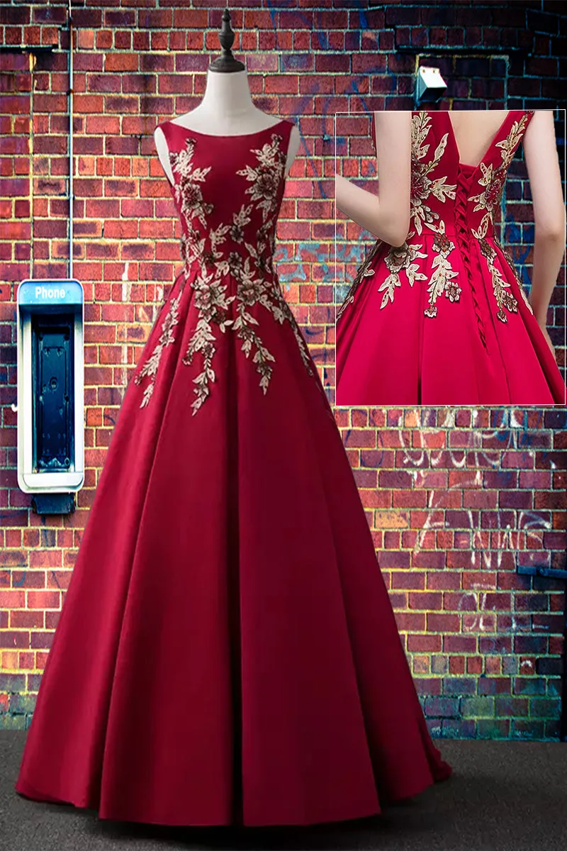 Dark Red Round Neckline Satin Prom Dress with Lace Applique, Long Evening Dress