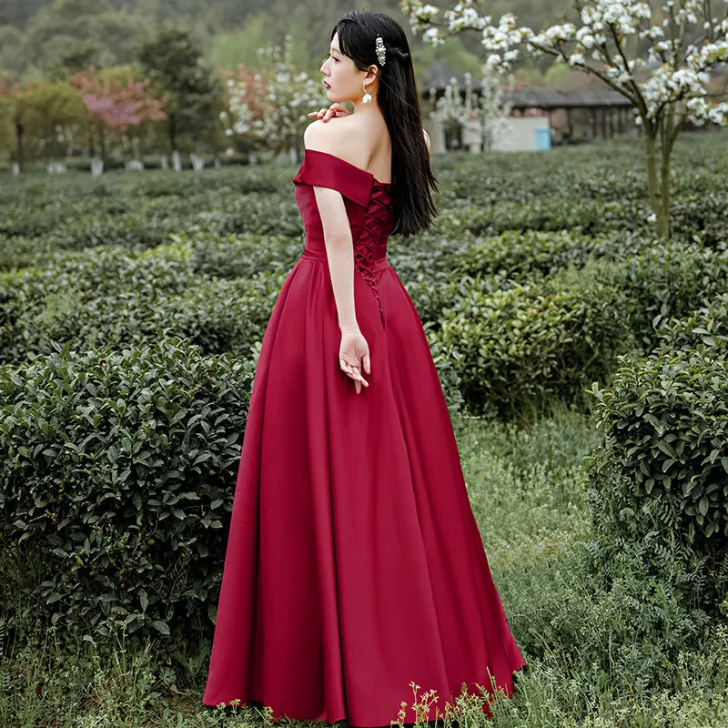 Dark Red Satin Long Off Shoulder A-line Evening Dress, Wine Red Formal Dress Party Dress