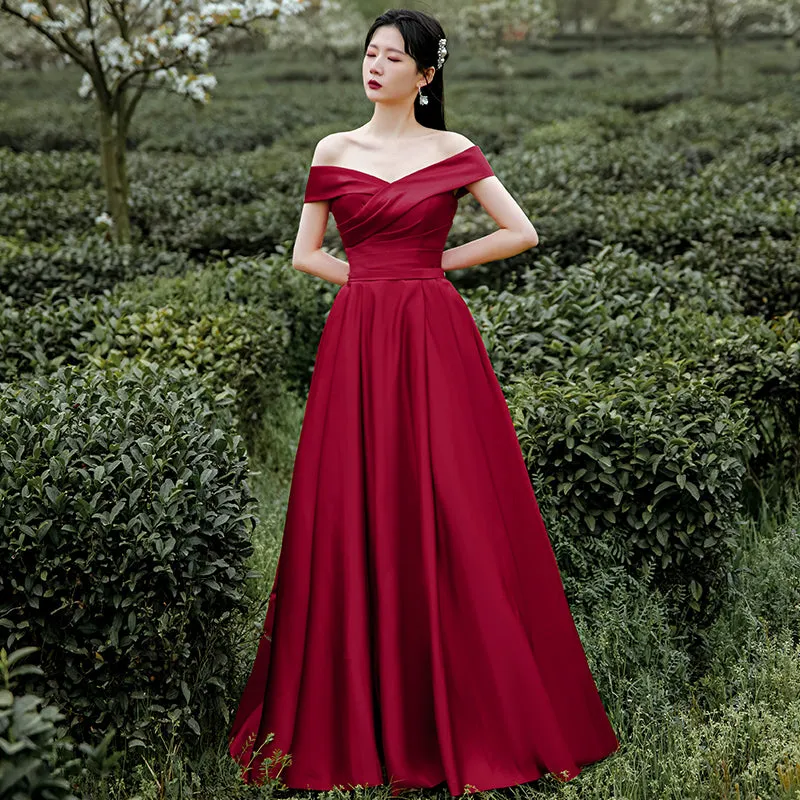 Dark Red Satin Long Off Shoulder A-line Evening Dress, Wine Red Formal Dress Party Dress